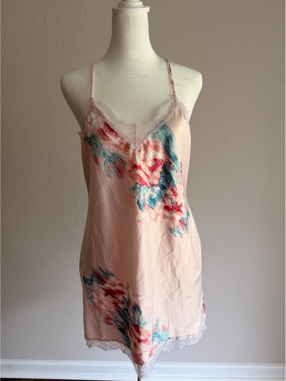Pink Floral Lace Trim Slip Dress with Open Back